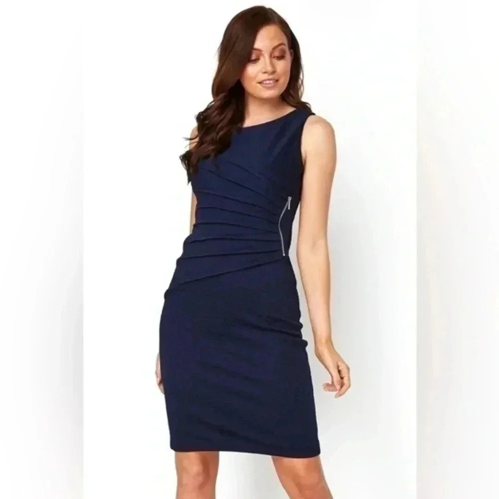 Carmen | Carmen Mark Valvo Navy Textured Zip Detail Cocktail Dress Size 6 Small